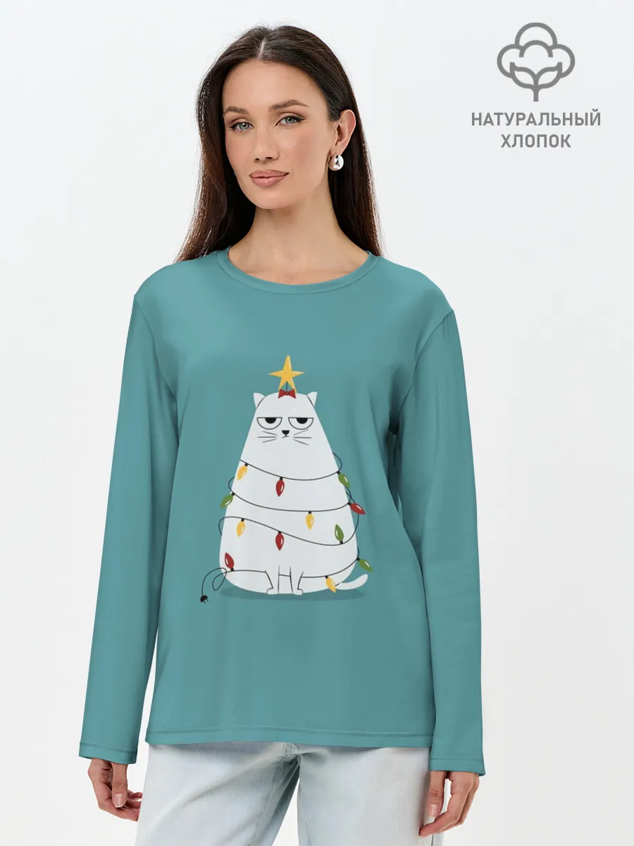 Лонгслив женский. Хлопок / Кото-ёлка