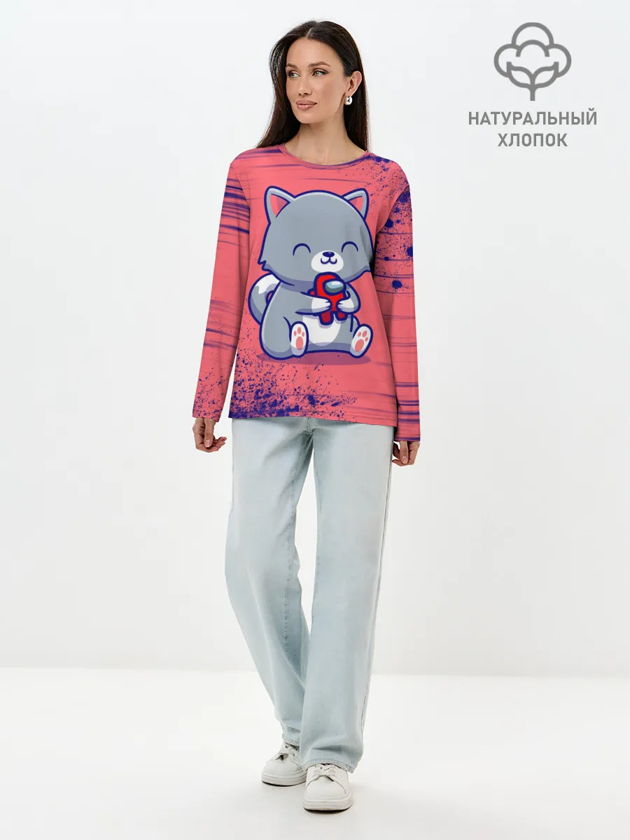 Лонгслив женский. Хлопок / AMONG US - С КОТИКОМ