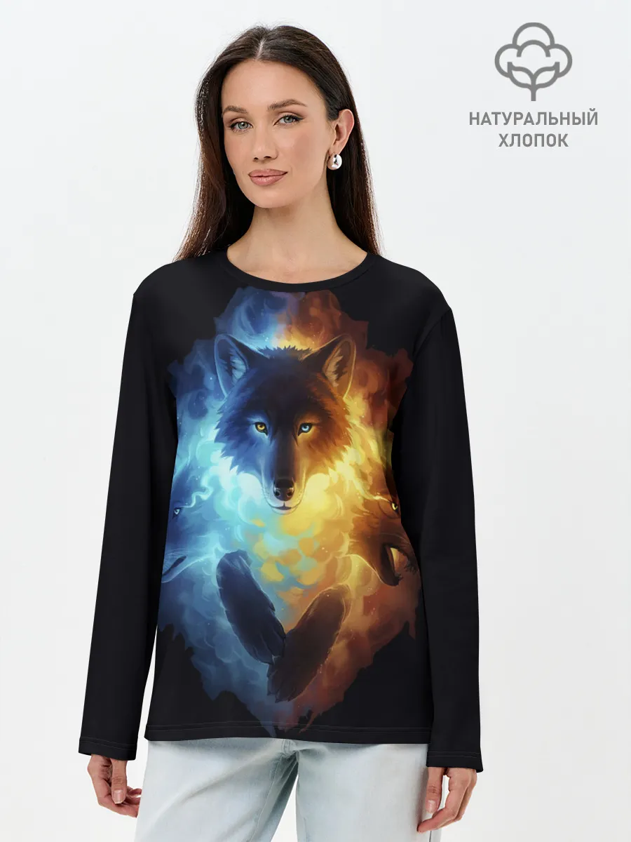 Лонгслив женский. Хлопок / Волки в огне