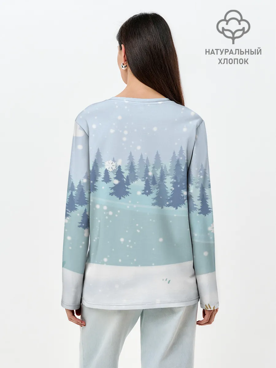 Лонгслив женский. Хлопок / Олень с кружкой