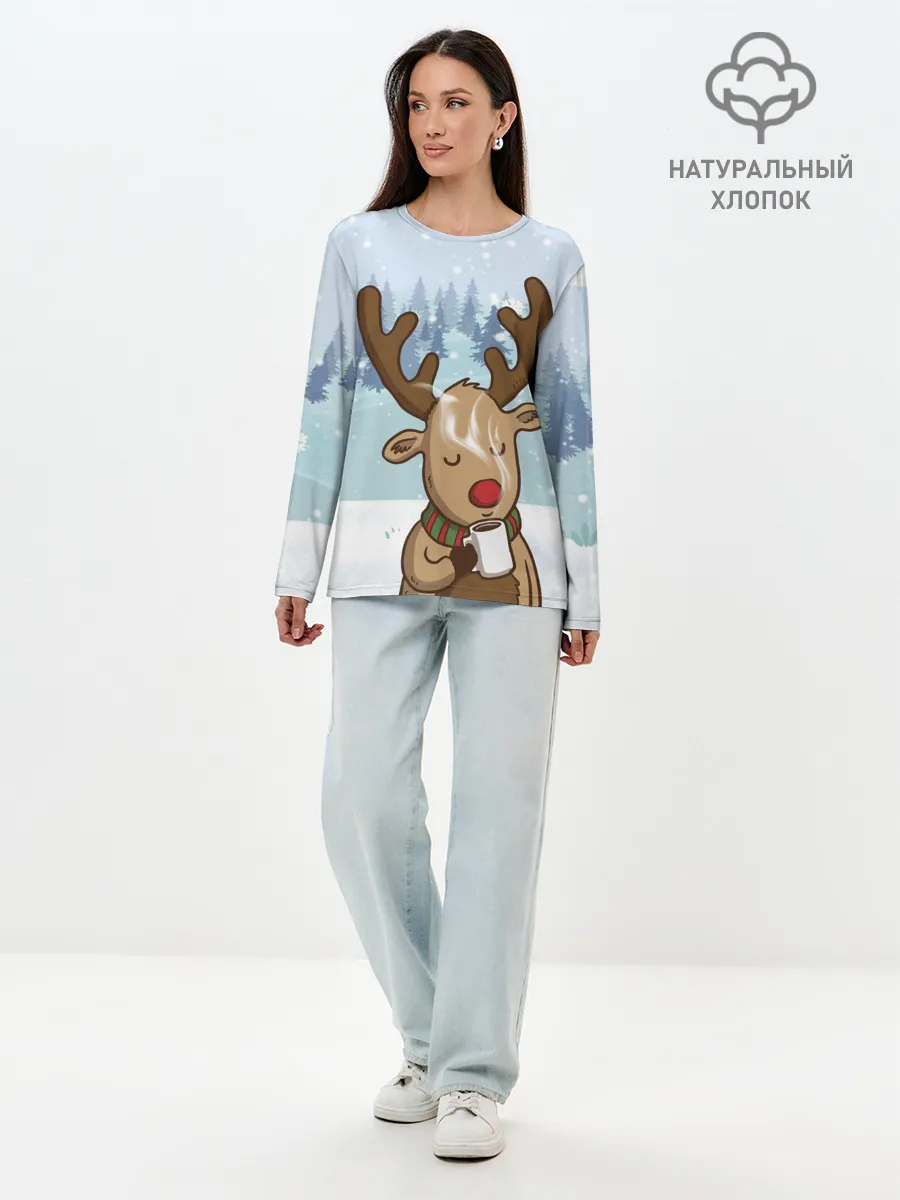 Лонгслив женский. Хлопок / Олень с кружкой