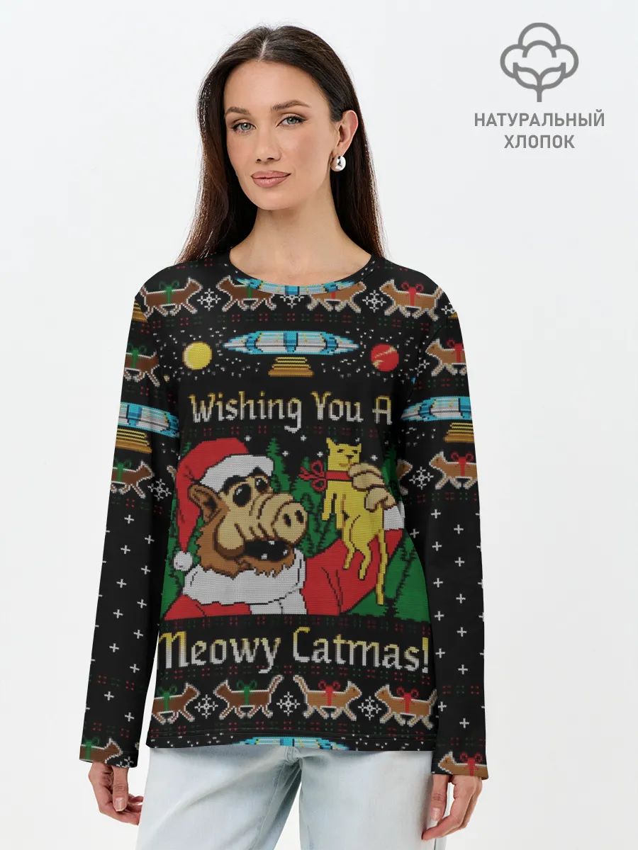 Лонгслив женский. Хлопок / Wishing you a meowy catmas