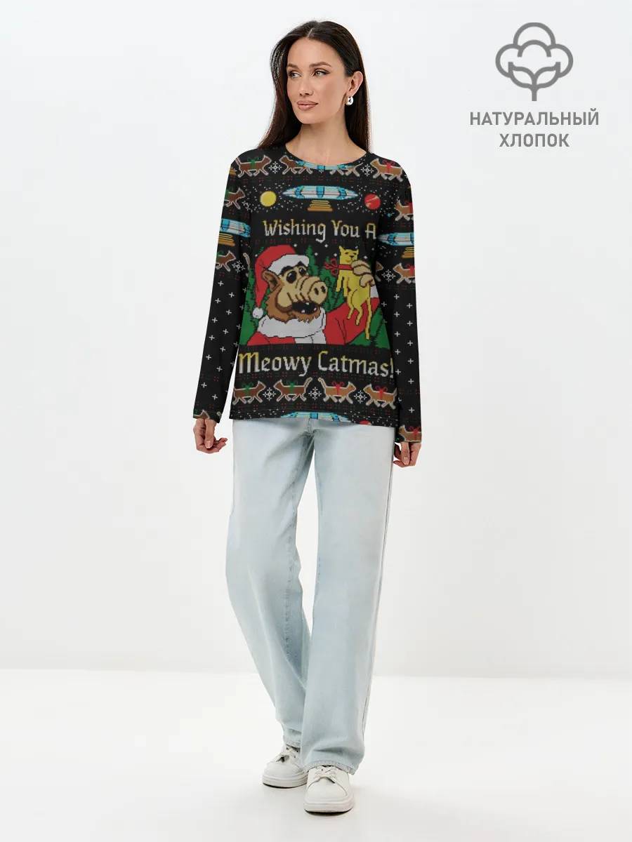 Лонгслив женский. Хлопок / Wishing you a meowy catmas