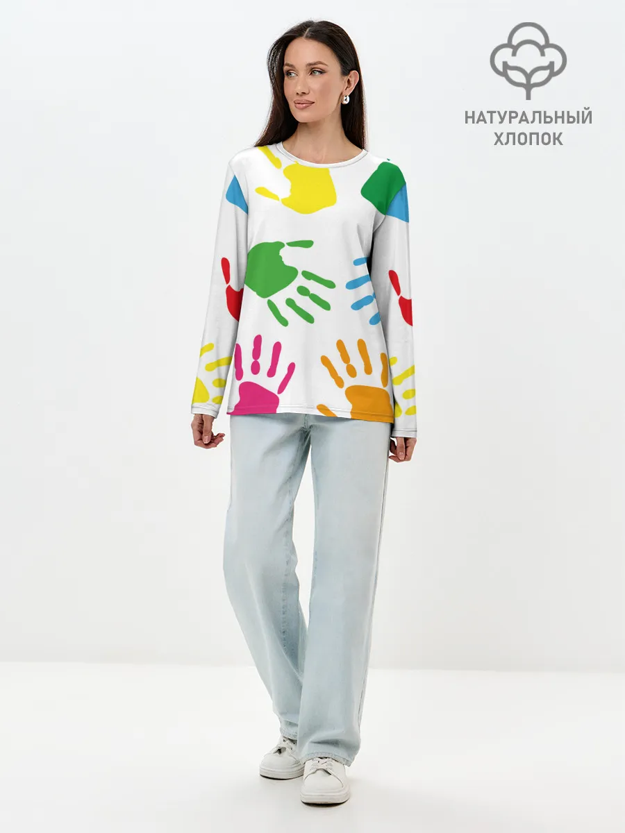 Лонгслив женский. Хлопок / Цветные ладошки - Детский узор