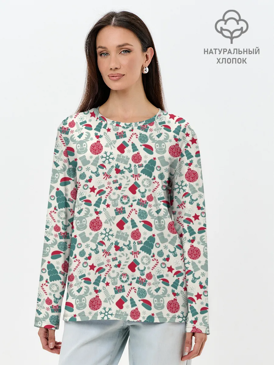 Лонгслив женский. Хлопок / Новогодняя Символика