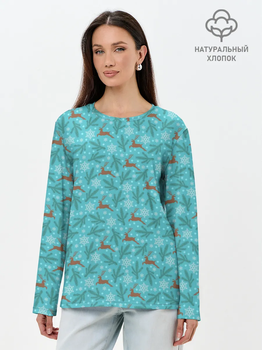 Лонгслив женский. Хлопок / Новогодние Олени