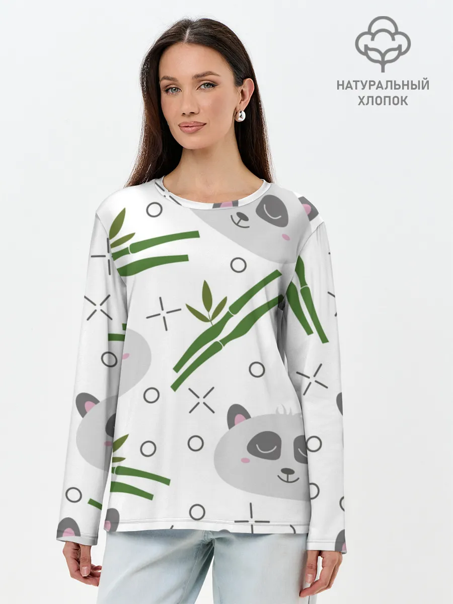 Лонгслив женский. Хлопок / Панда с бамбуком