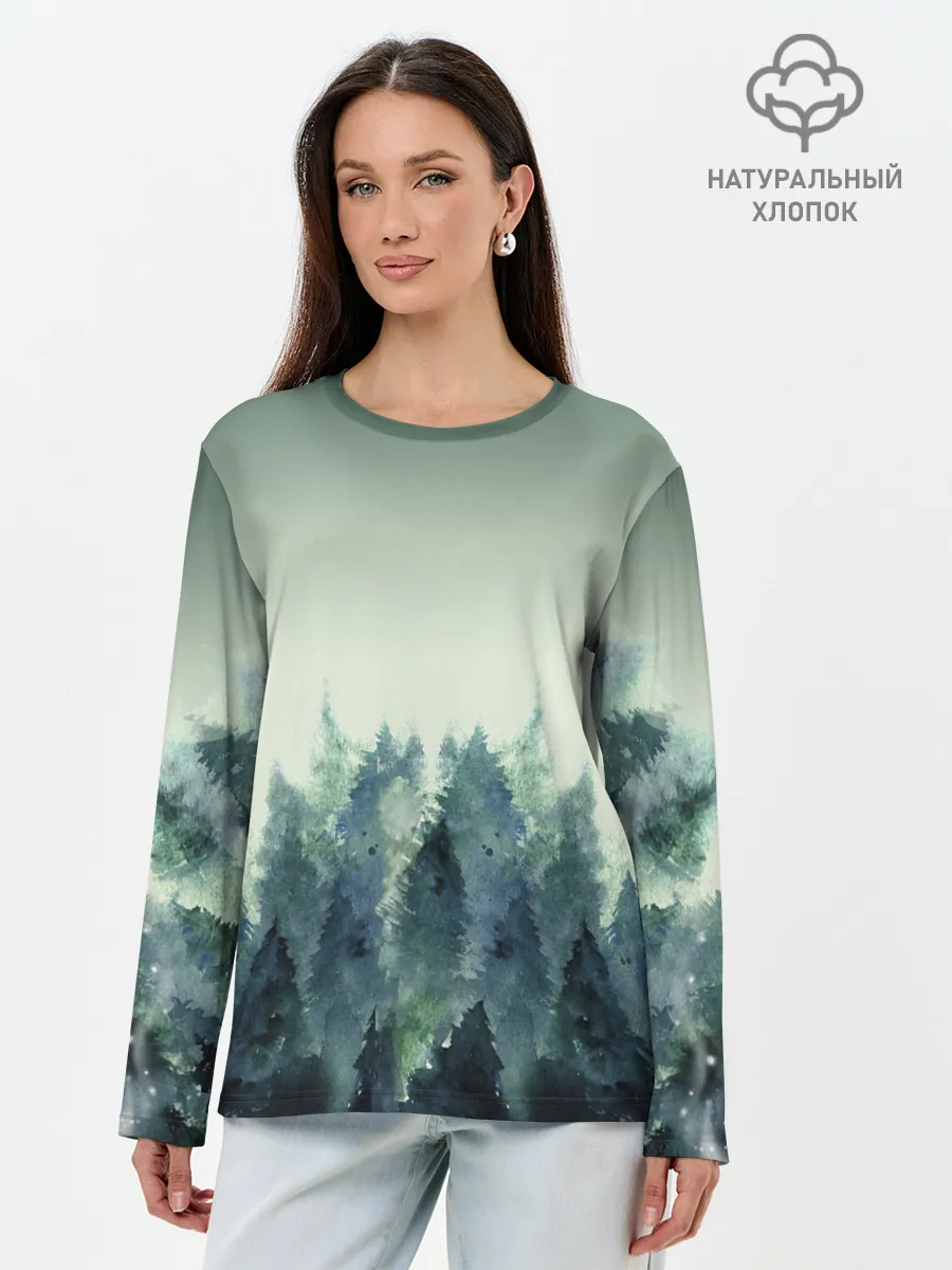 Лонгслив женский. Хлопок / акварельный лес градиент