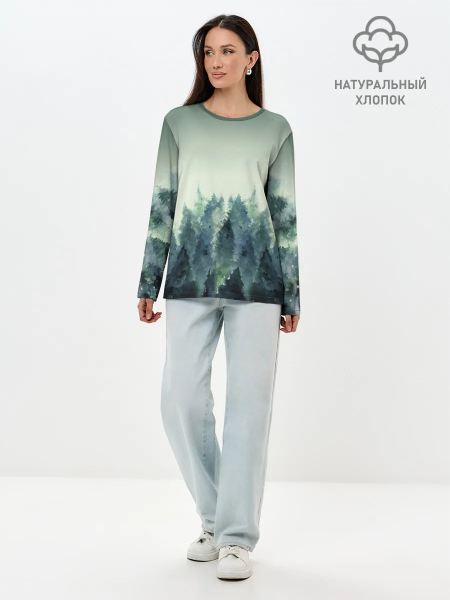 Лонгслив женский. Хлопок / акварельный лес градиент