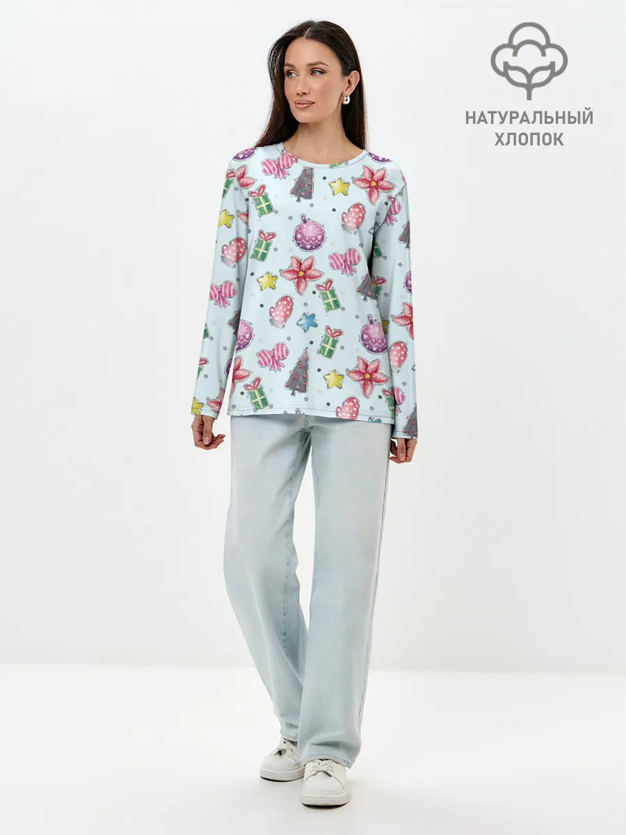 Лонгслив женский. Хлопок / новогодние игрушки