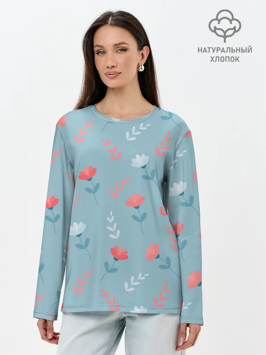 Лонгслив женский. Хлопок / Цветочки и листики на голубом