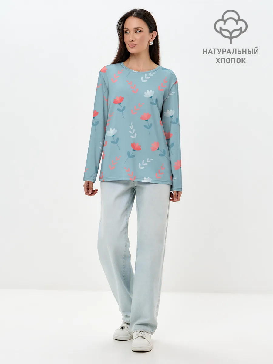Лонгслив женский. Хлопок / Цветочки и листики на голубом