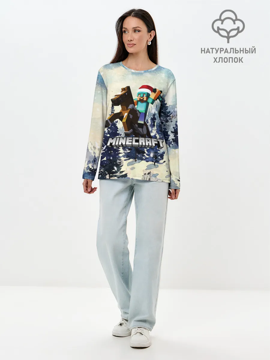 Лонгслив женский. Хлопок / Зимний Майнкрафт