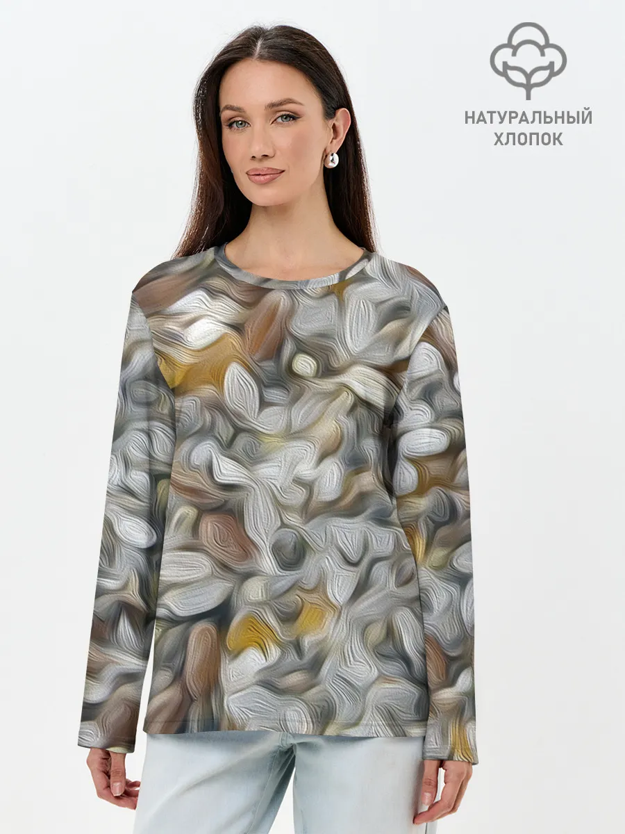 Лонгслив женский. Хлопок / желто-серый каменный узор