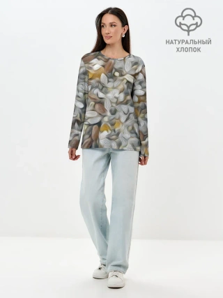 Лонгслив женский. Хлопок / желто-серый каменный узор
