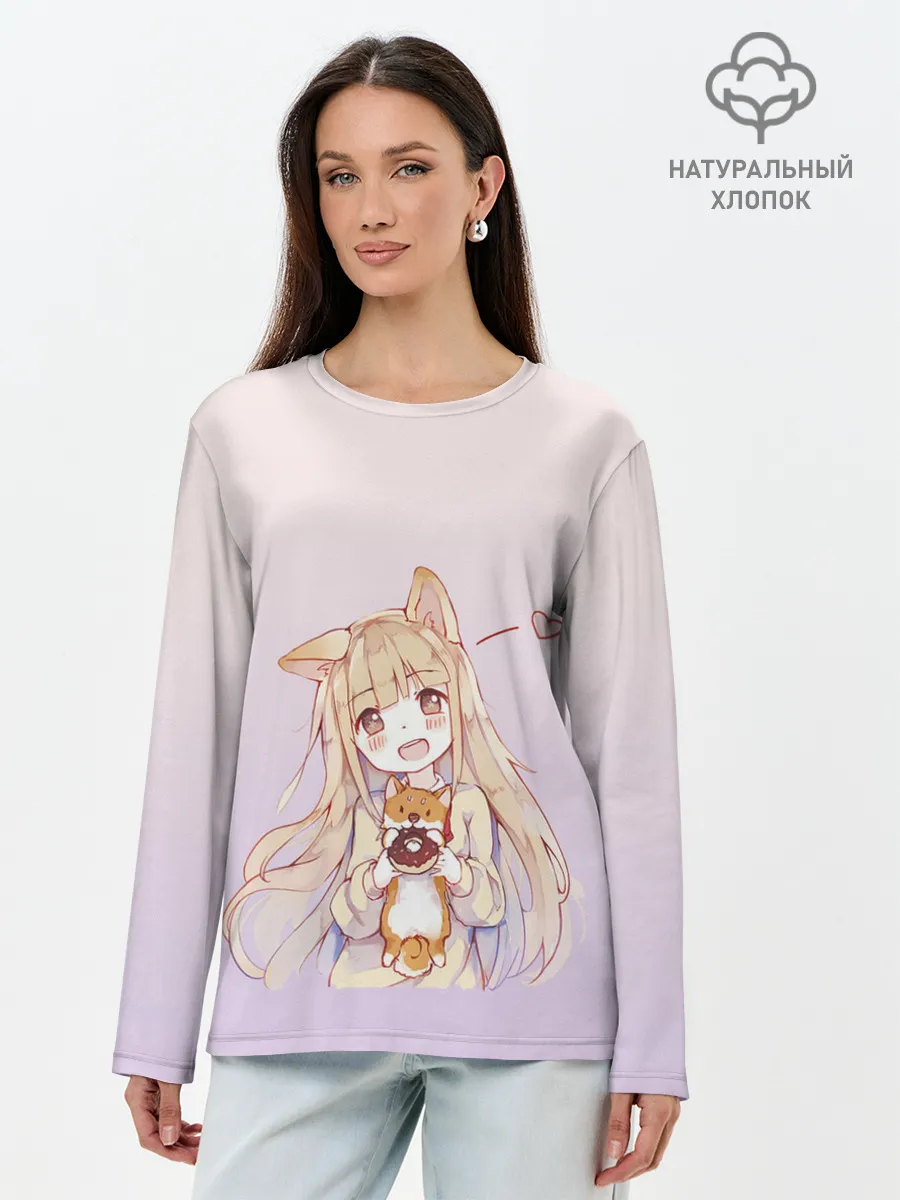 Лонгслив женский. Хлопок / малышка чиби пончик лис