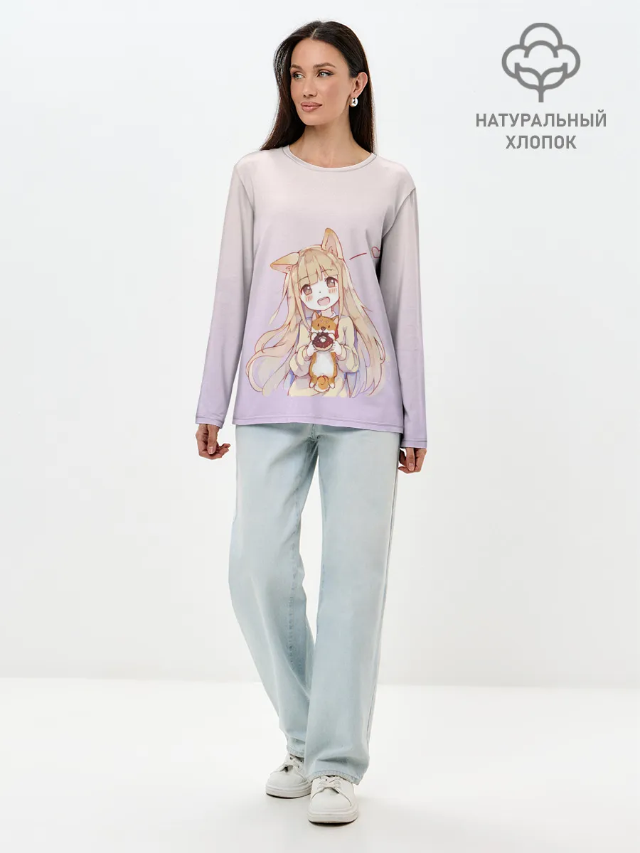 Лонгслив женский. Хлопок / малышка чиби пончик лис