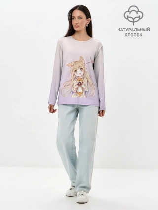Лонгслив женский. Хлопок / малышка чиби пончик лис