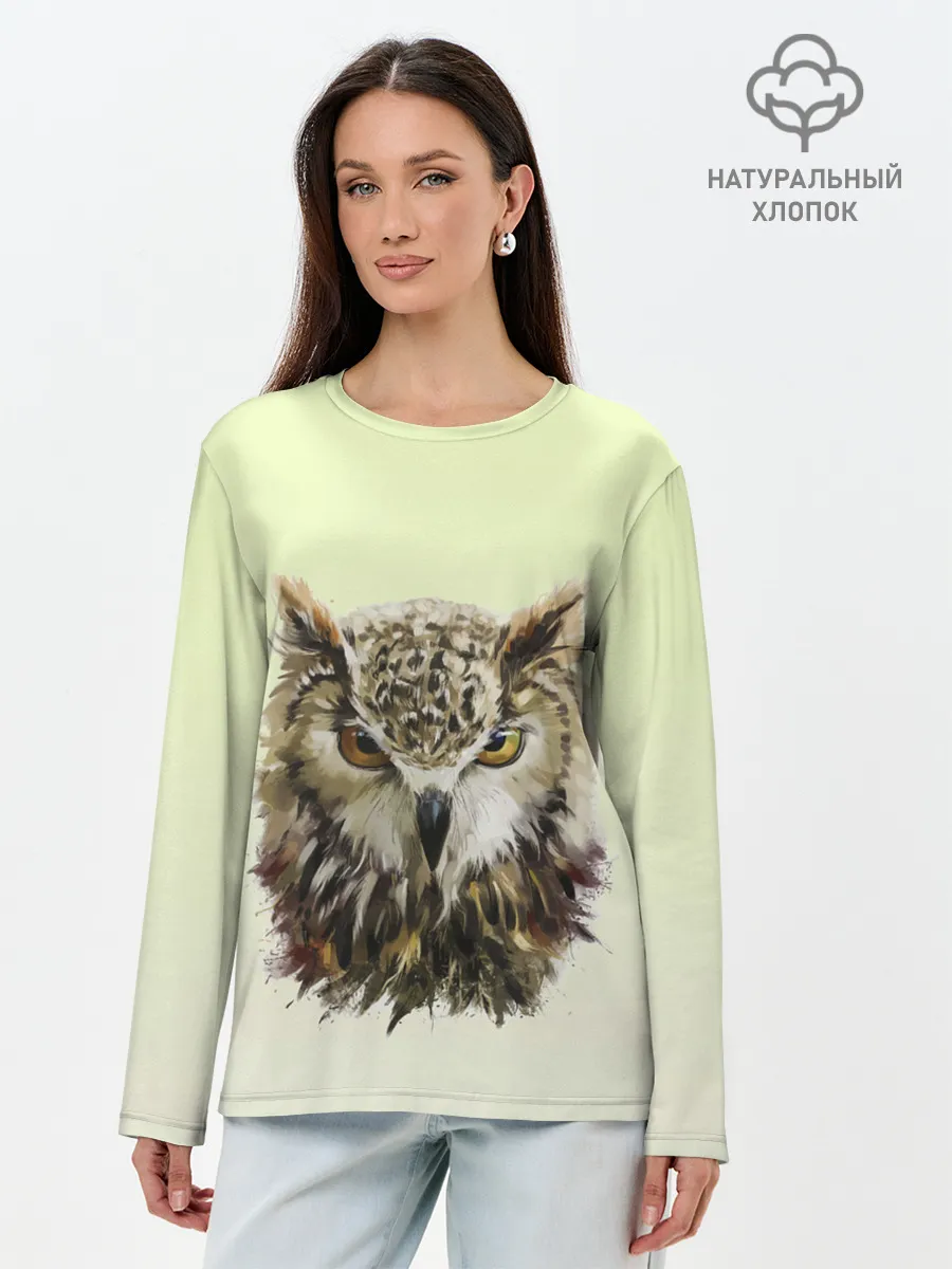 Лонгслив женский. Хлопок / арт сова яркая