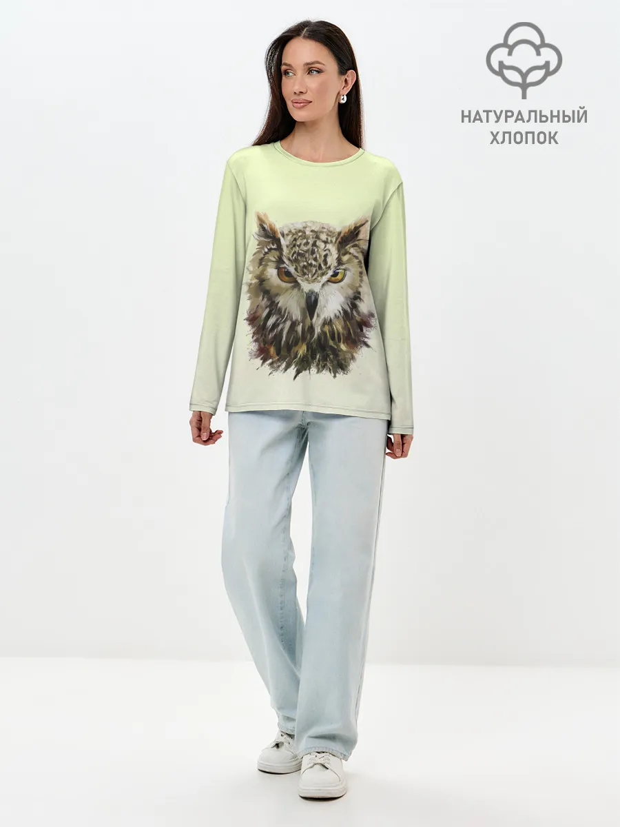 Лонгслив женский. Хлопок / арт сова яркая