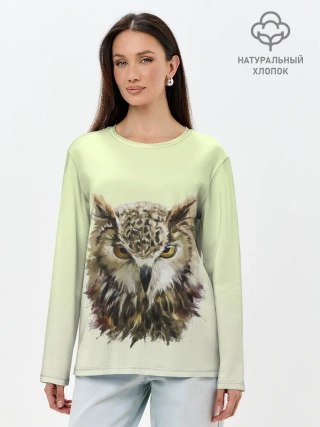 Лонгслив женский. Хлопок / арт сова яркая