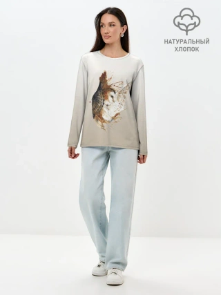 Лонгслив женский. Хлопок / летящая сова рисунок