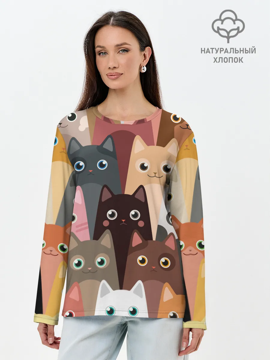 Лонгслив женский. Хлопок / Котики мультяшные