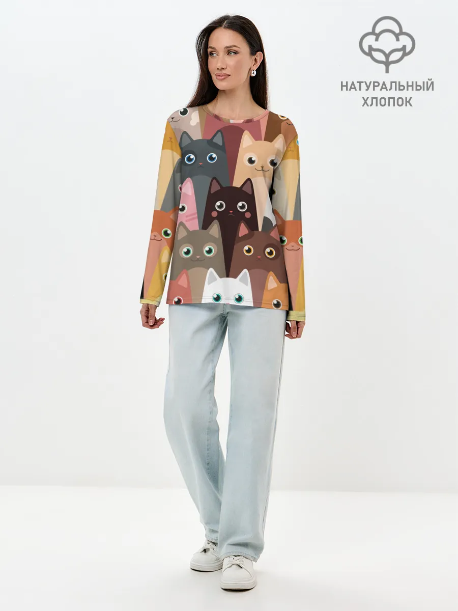Лонгслив женский. Хлопок / Котики мультяшные