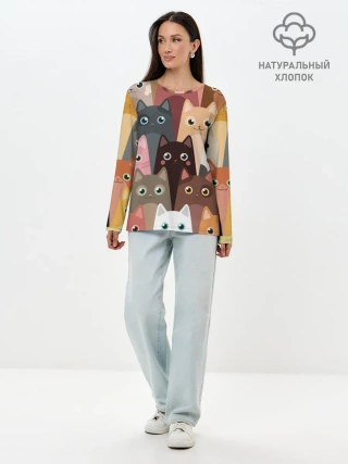 Лонгслив женский. Хлопок / Котики мультяшные