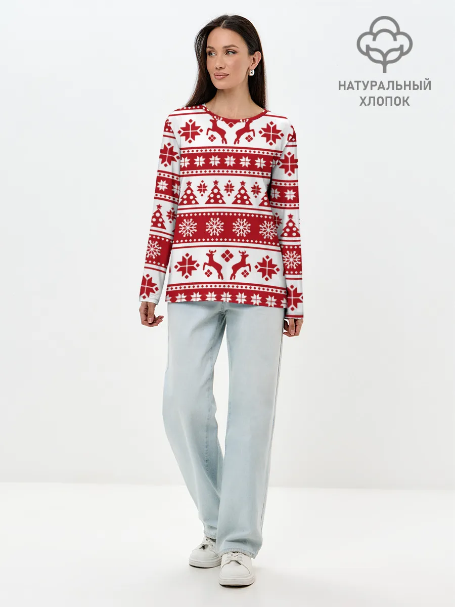 Лонгслив женский. Хлопок / Новый Год | Олени и снежинки