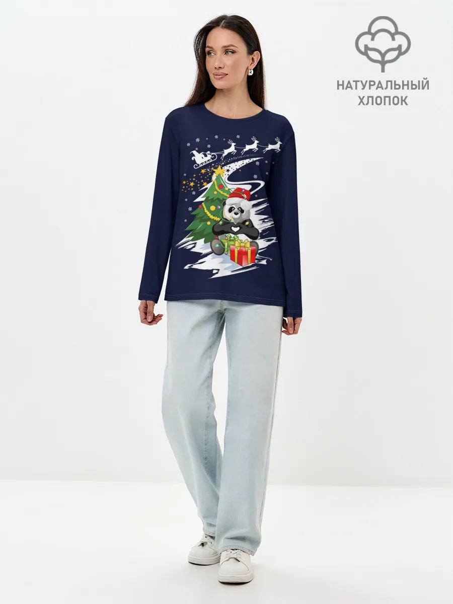 Лонгслив женский. Хлопок / Рождественская Панда