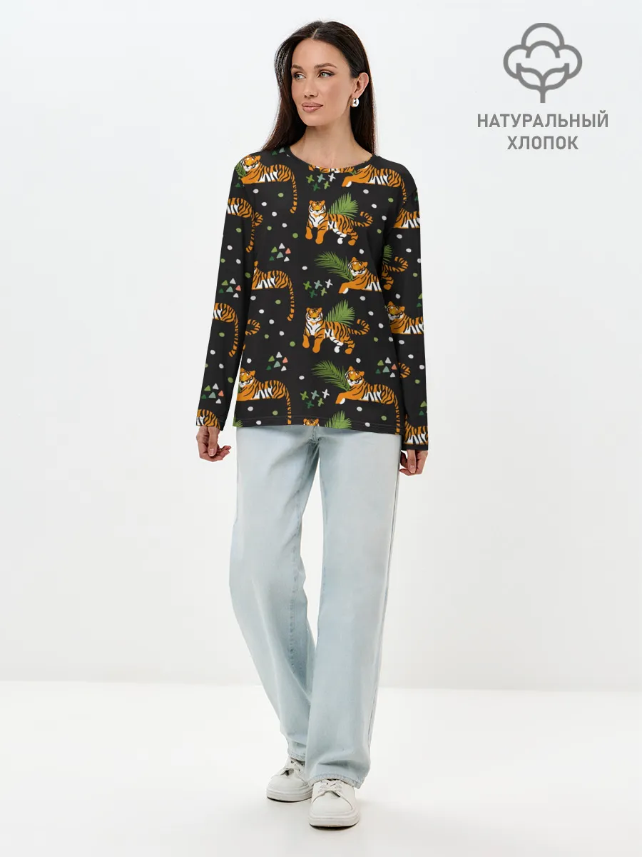 Лонгслив женский. Хлопок / Tigers | Тигровый Паттерн