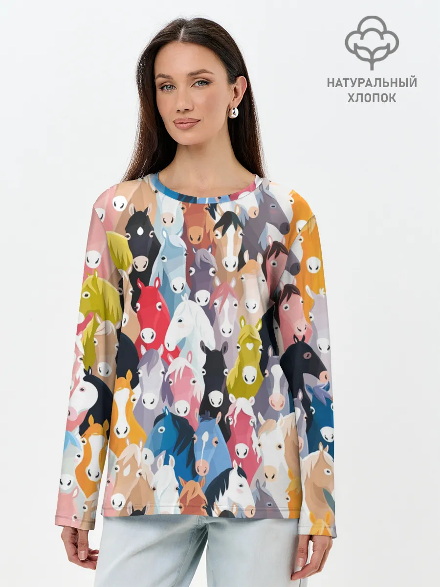 Лонгслив женский. Хлопок / цветные лошади