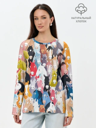 Лонгслив женский. Хлопок / цветные лошади