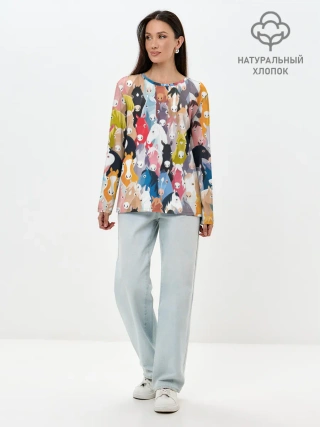 Лонгслив женский. Хлопок / цветные лошади