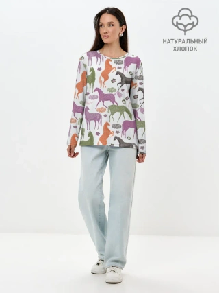 Лонгслив женский. Хлопок / лошадки