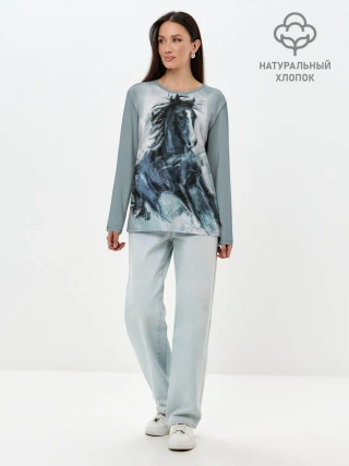 Лонгслив женский. Хлопок / нарисованный конь