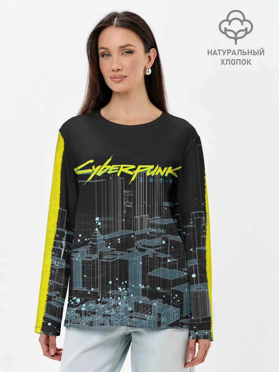 Лонгслив женский. Хлопок / Город CYBERPUNK 2077