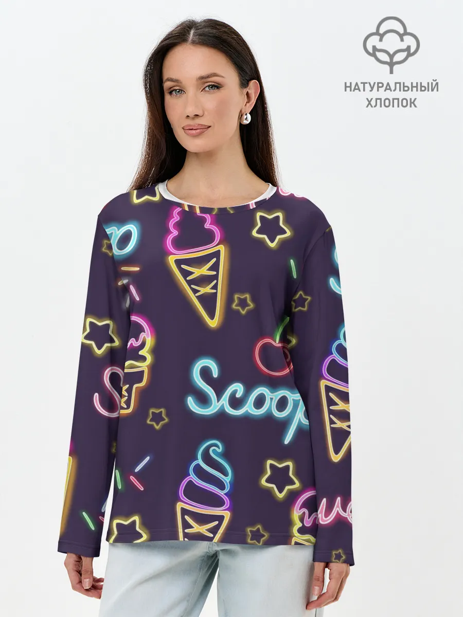 Лонгслив женский. Хлопок / Мороженное неон