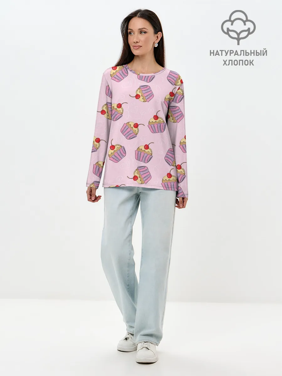 Лонгслив женский. Хлопок / Капкейки на розовом