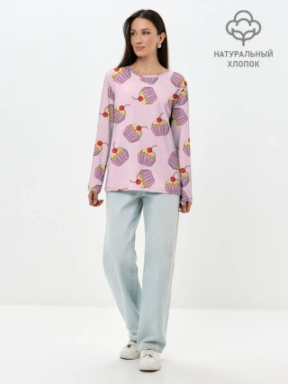 Лонгслив женский. Хлопок / Капкейки на розовом