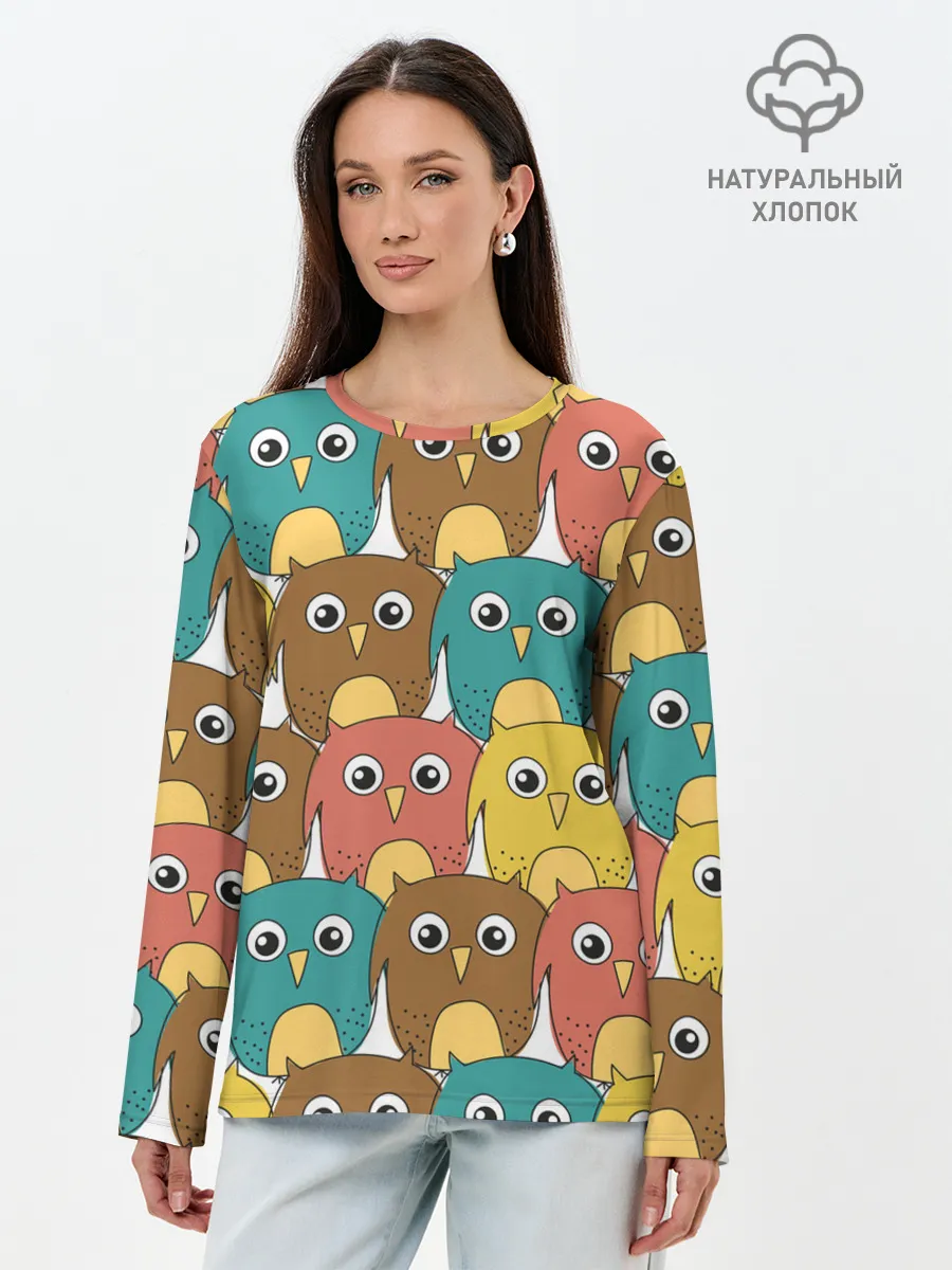 Лонгслив женский. Хлопок / Разноцветные совы
