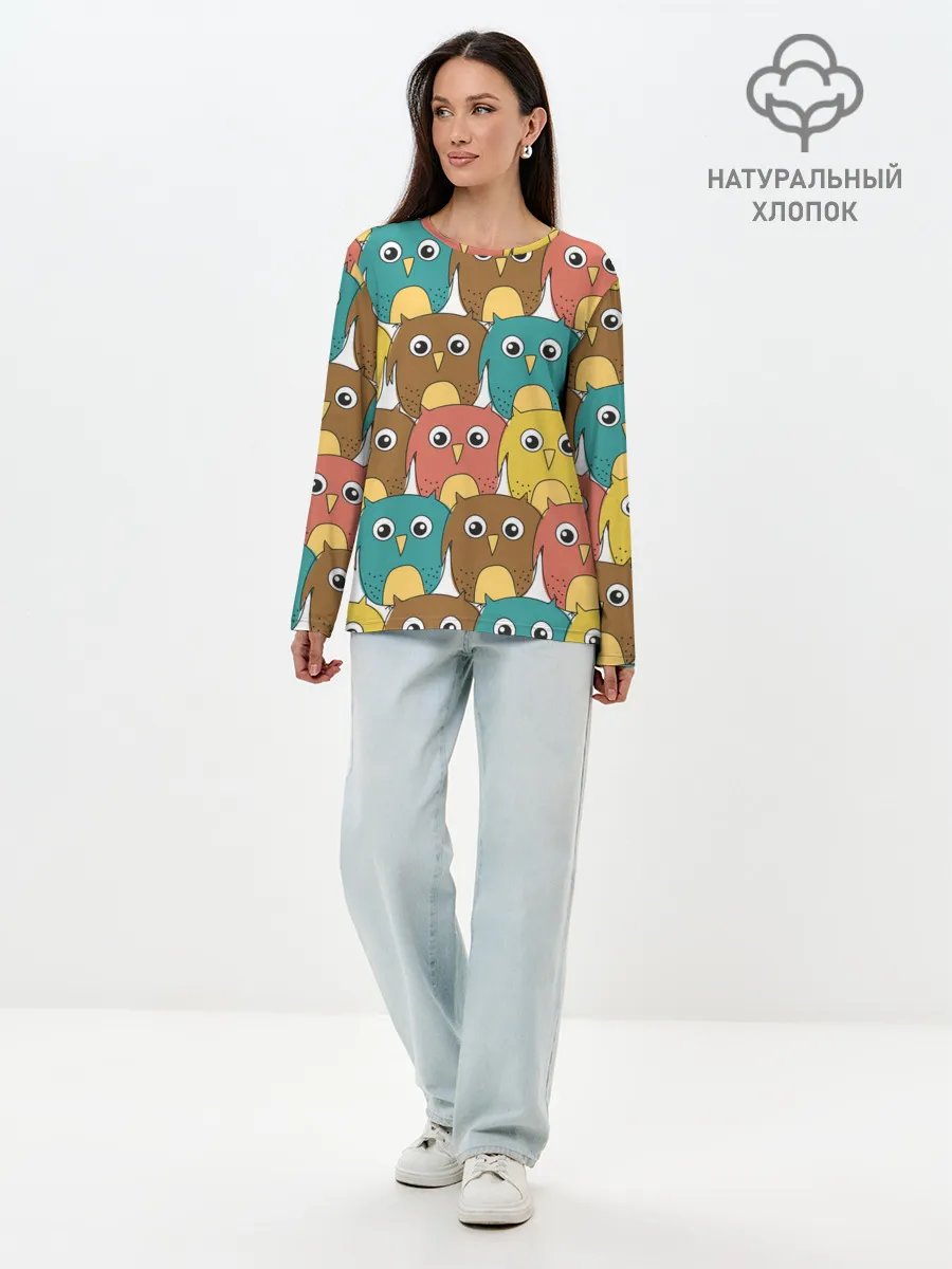 Лонгслив женский. Хлопок / Разноцветные совы