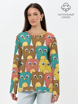 Лонгслив женский. Хлопок / Разноцветные совы