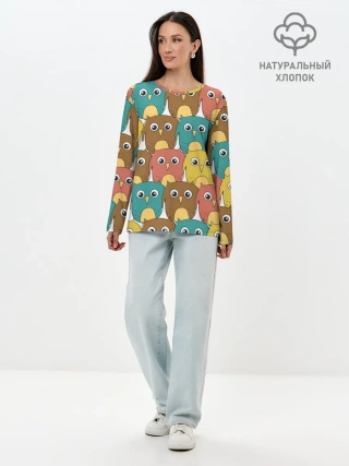 Лонгслив женский. Хлопок / Разноцветные совы