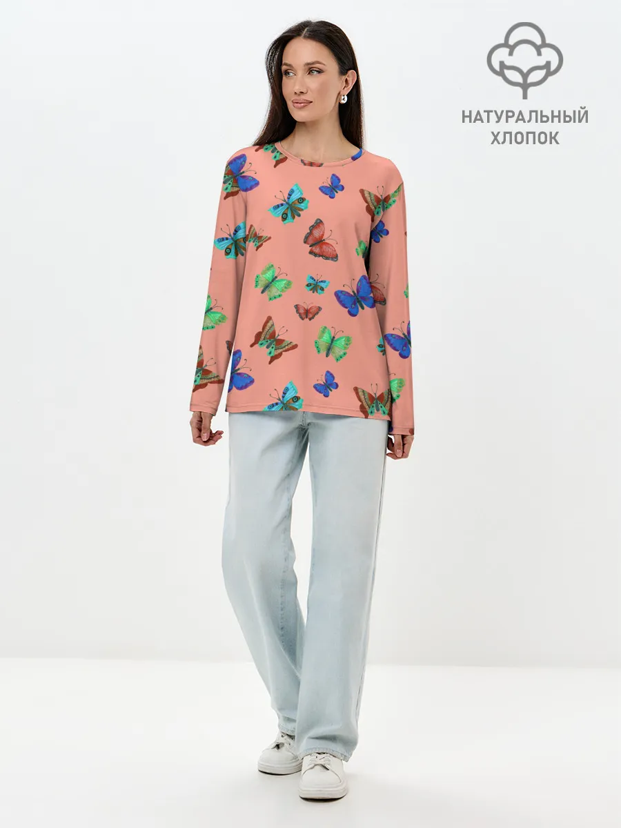 Лонгслив женский. Хлопок / Бабочки на персиковом фоне