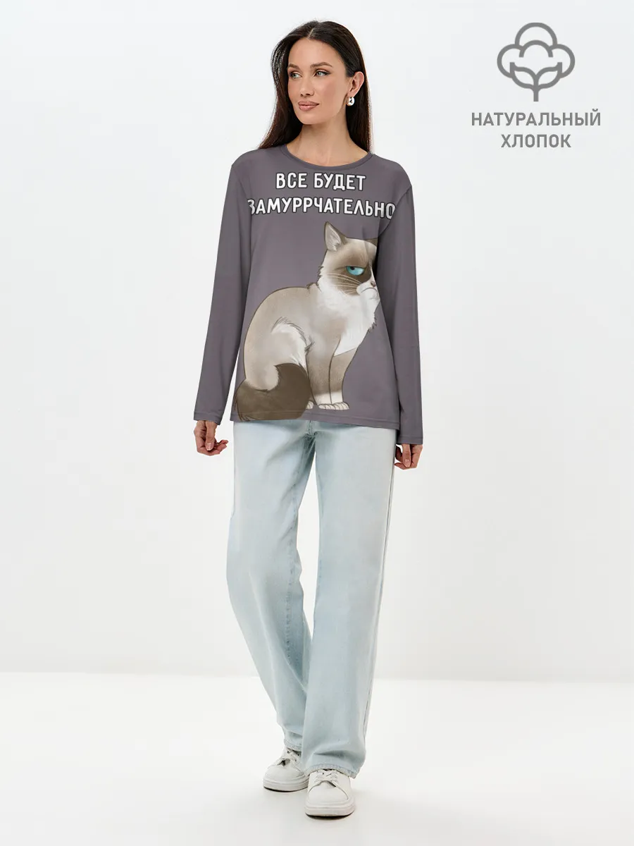 Лонгслив женский. Хлопок / Грустный кот