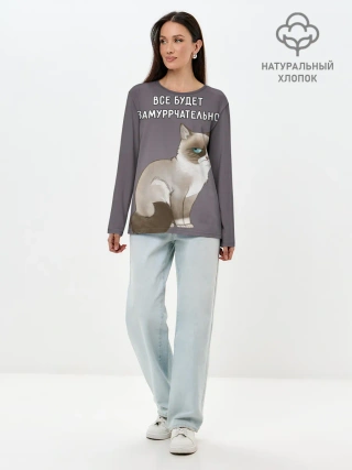 Лонгслив женский. Хлопок / Грустный кот