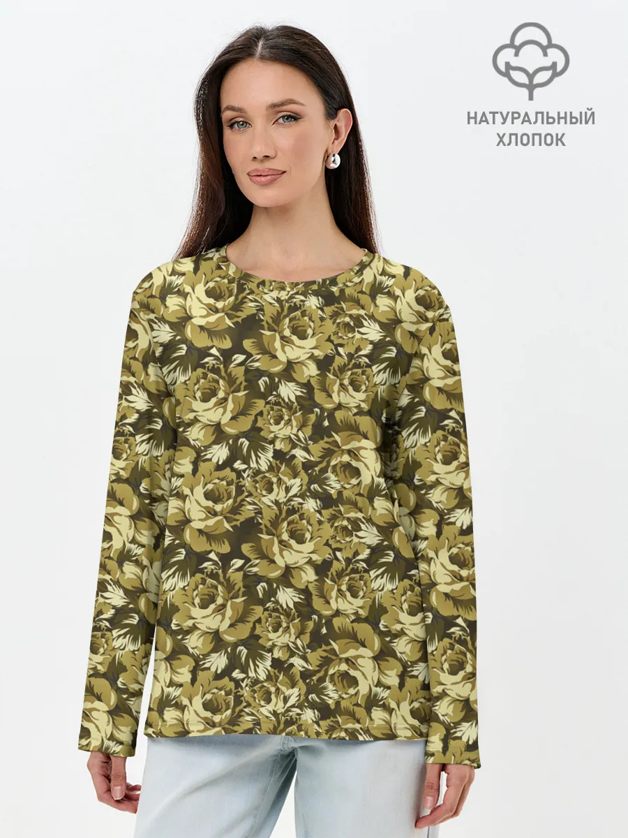 Лонгслив женский. Хлопок / Золотой камуфляж из роз