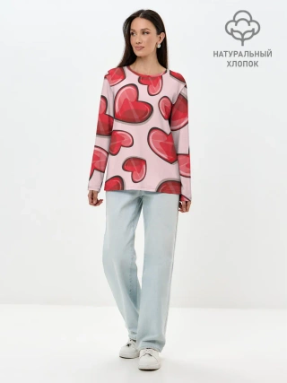 Лонгслив женский. Хлопок / Узор Сердечки для влюбленных